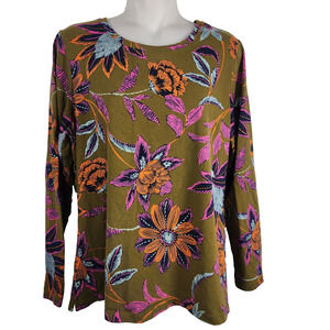 Denim & Co Printed Perfect Jersey Long Sleeve Top Size M Olive Orange Pink Knit